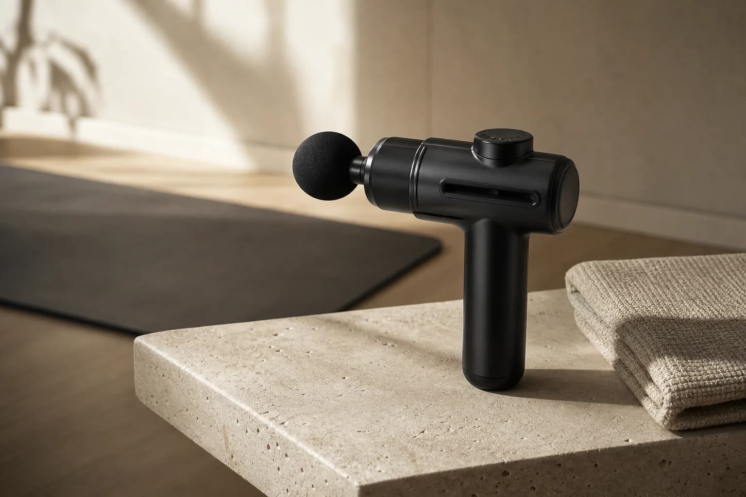 Massage gun resting on a stone bench beside a towel in an at-home workout space