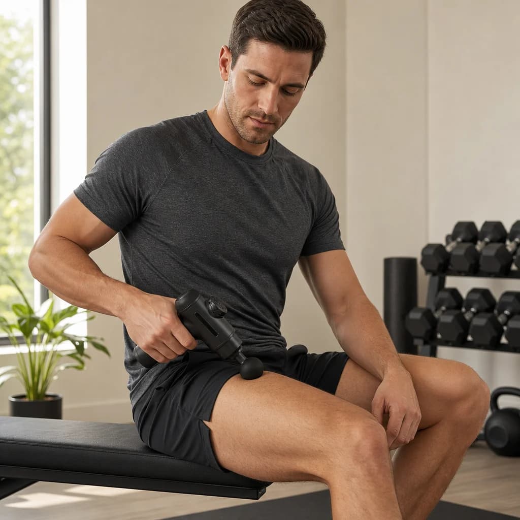 AI-generated illustration of a man using the massage gun on his thigh while seated on a workout bench